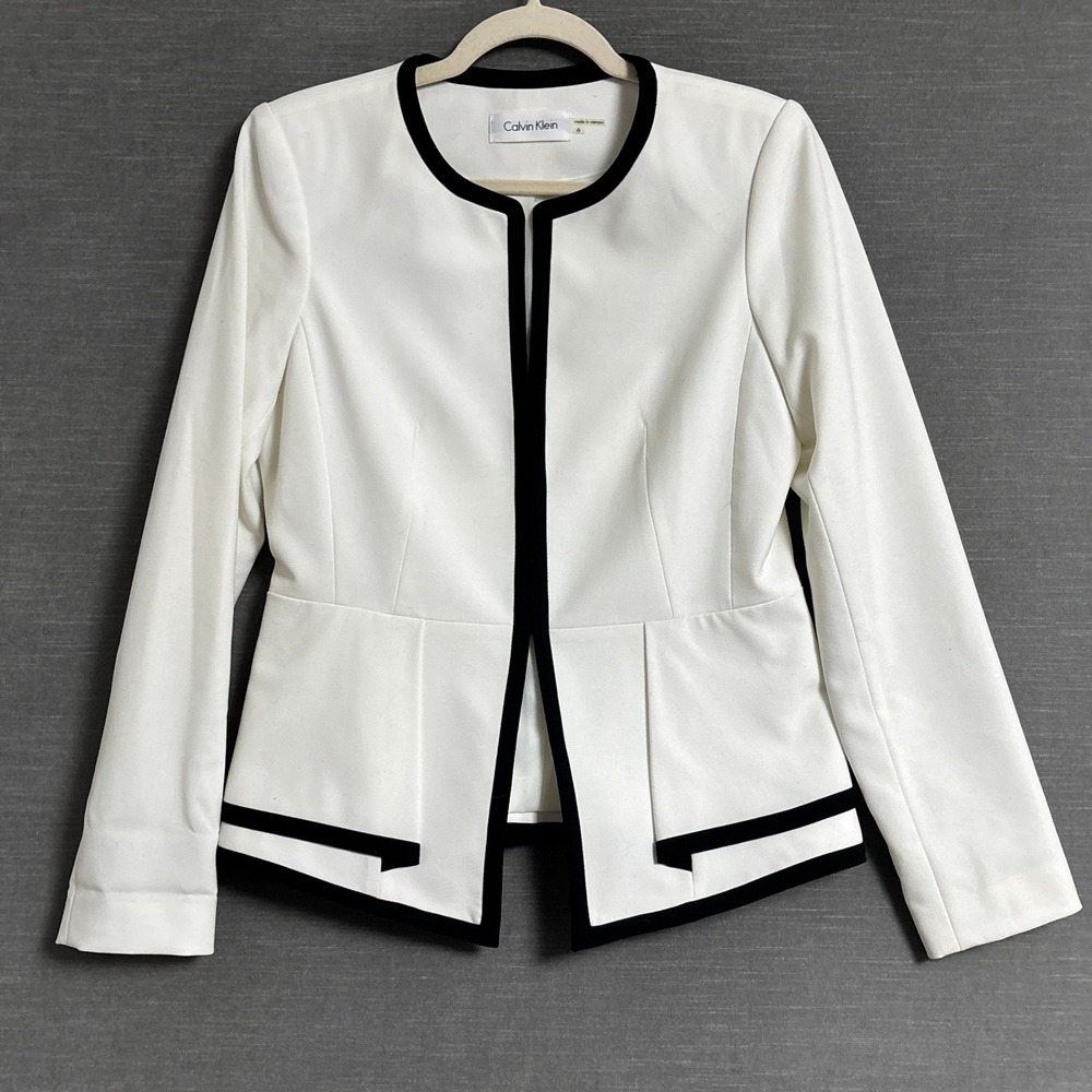 Calvin Klein Blazer 6 White Black Peplum Professional Career Work Office Sleek
